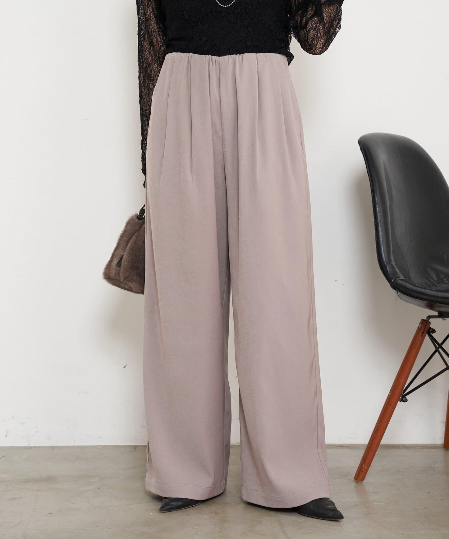 高腰抽褶寬腿褲