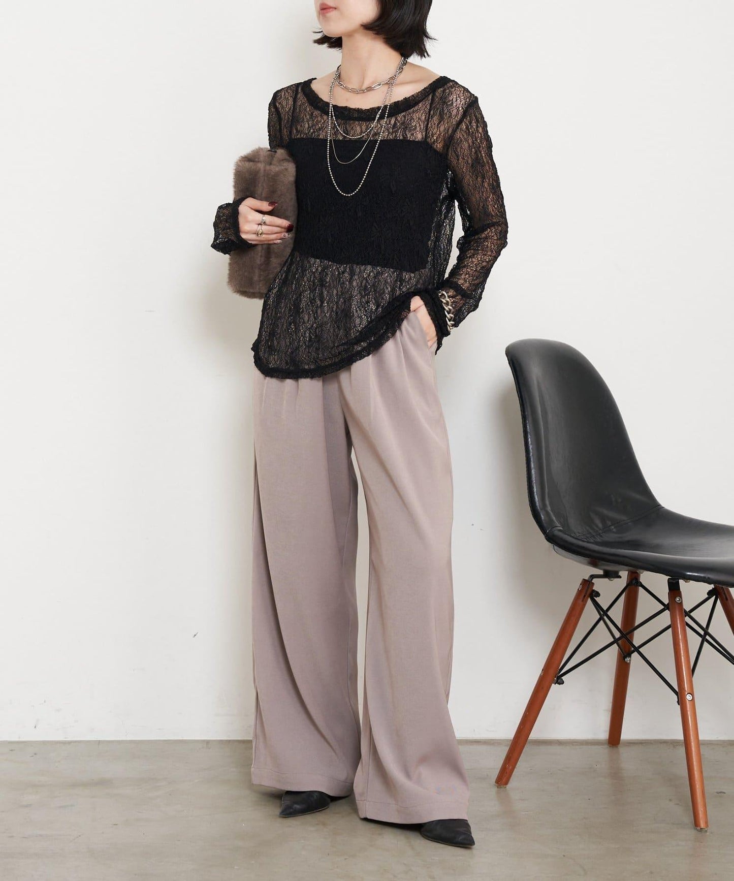 高腰抽褶寬腿褲