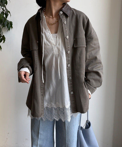 仿皮革翻領襯衫夾克