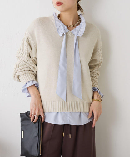 袖部麻花V領針織衫