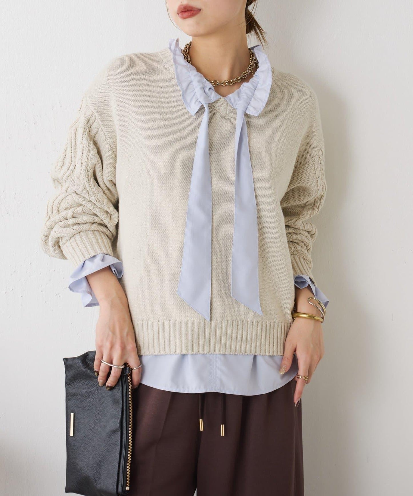 袖荷葉邊蝴蝶結繫帶襯衫