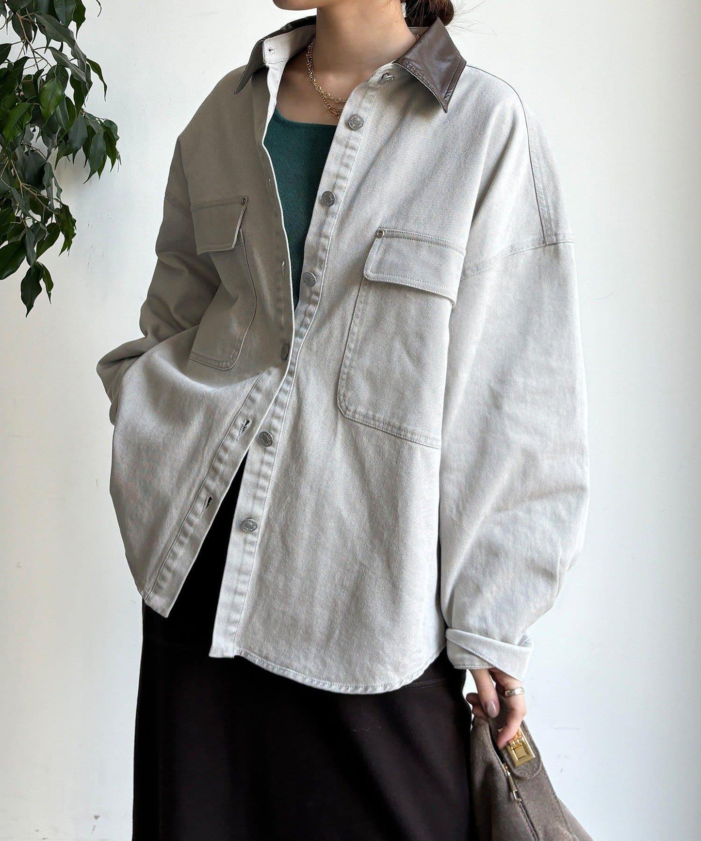 仿皮革翻領襯衫夾克