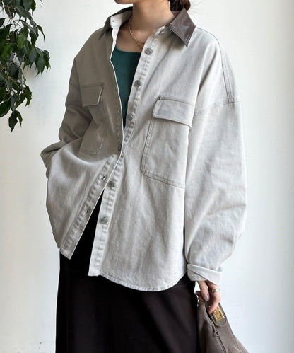 仿皮革翻領襯衫夾克