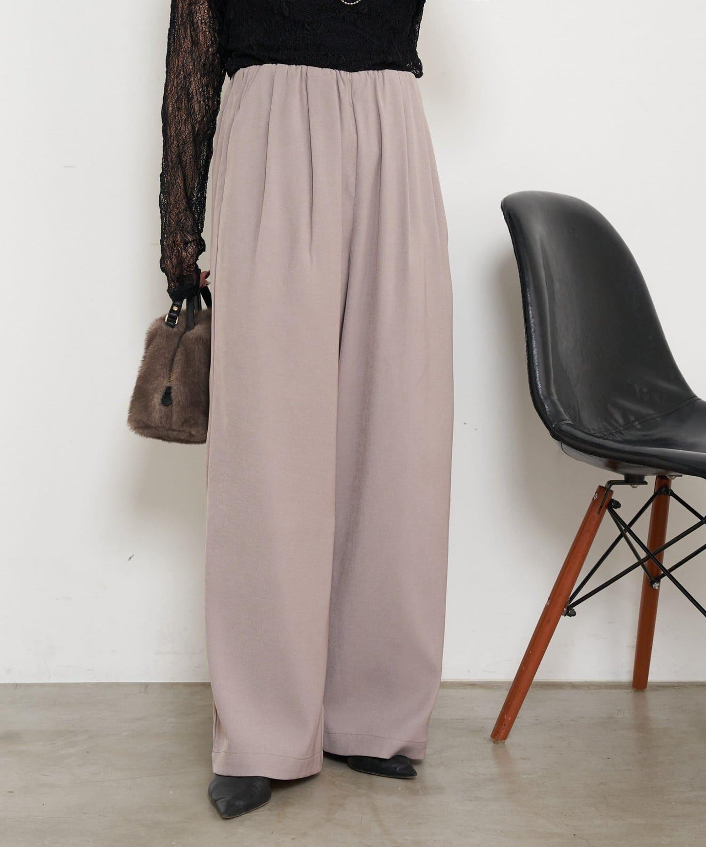 高腰抽褶寬腿褲