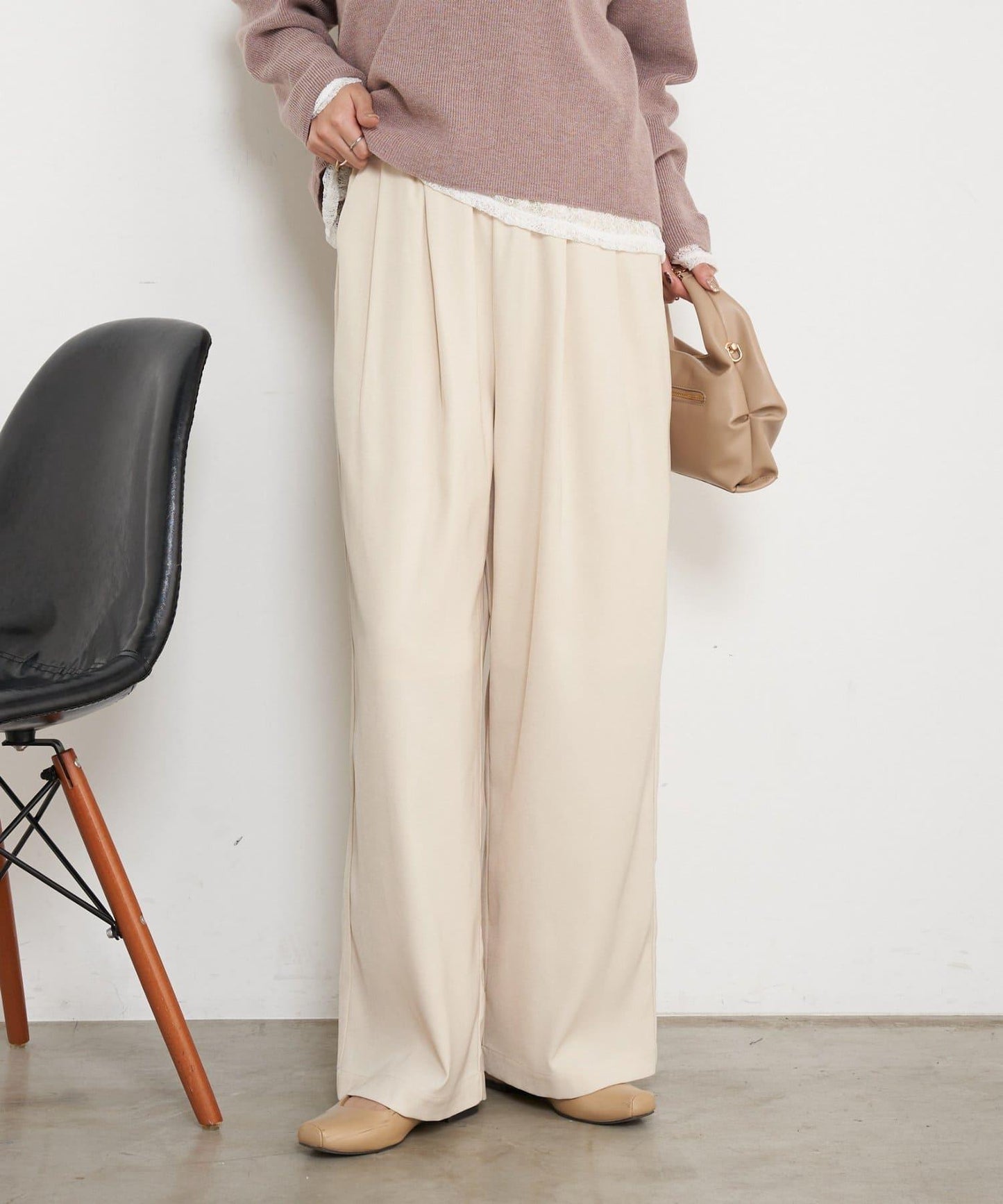 高腰抽褶寬腿褲