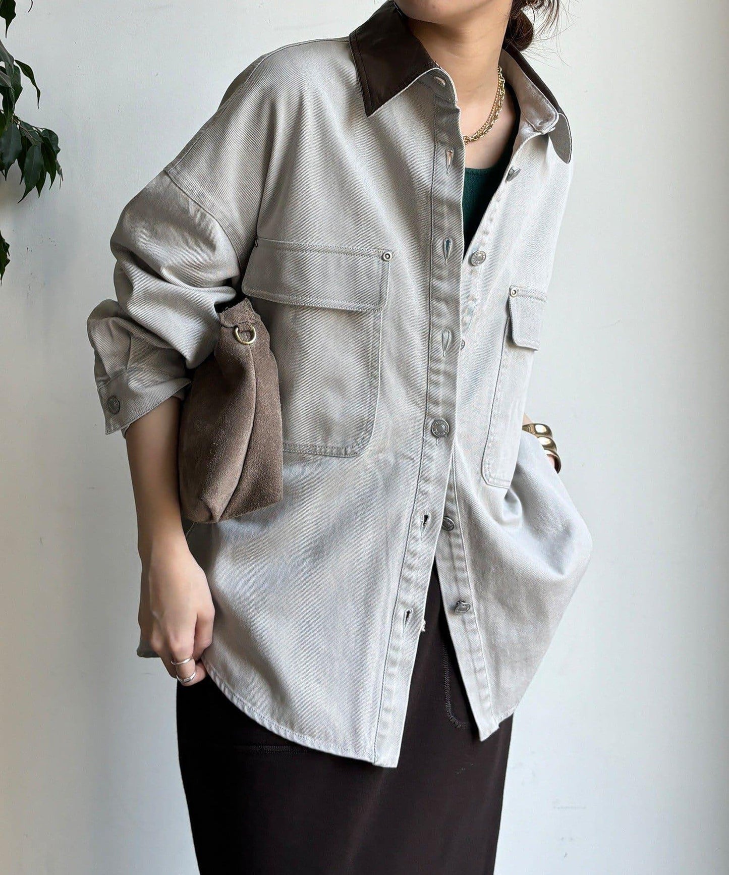 仿皮革翻領襯衫夾克