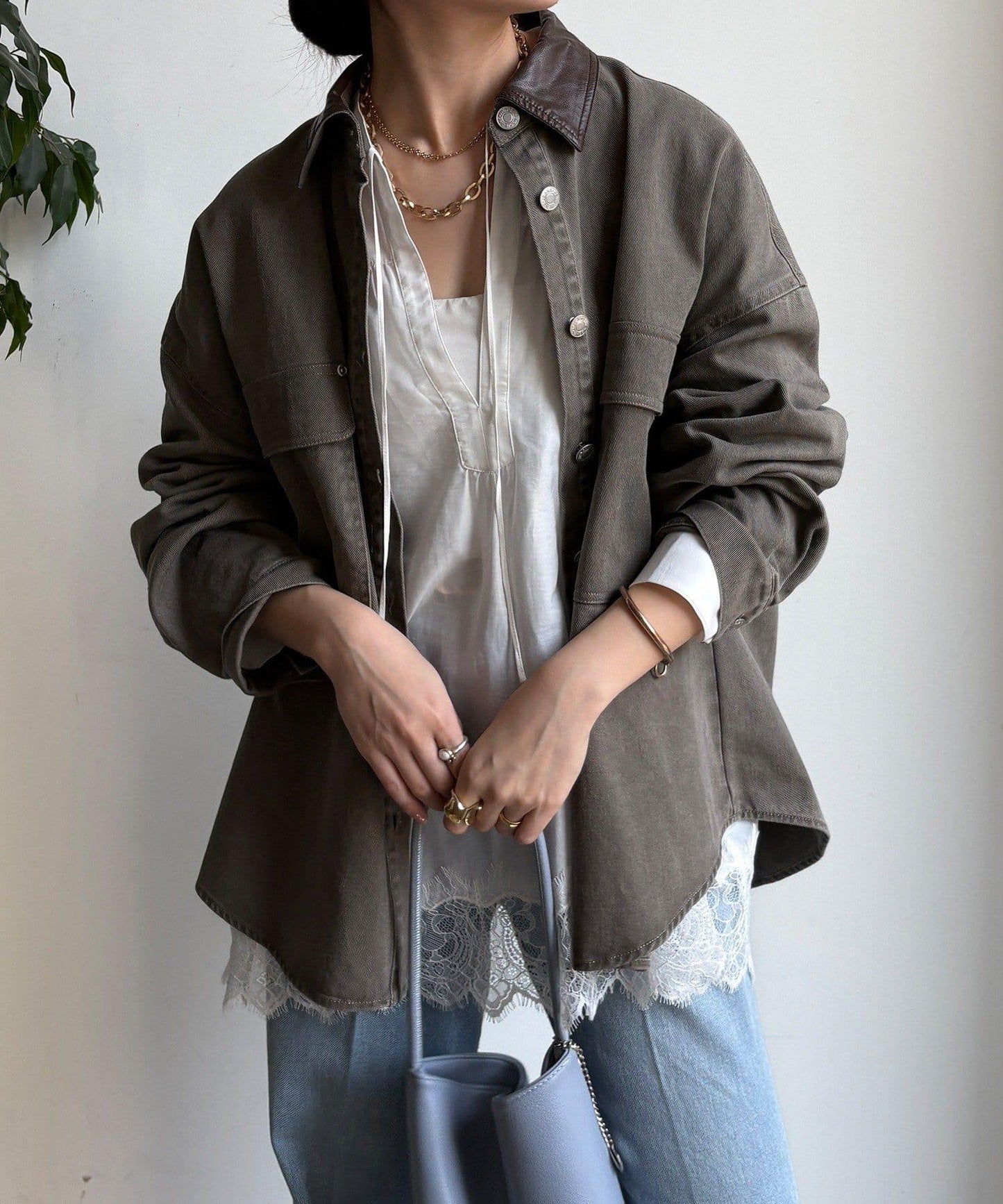 仿皮革翻領襯衫夾克