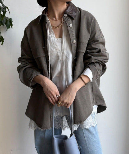 仿皮革翻領襯衫夾克