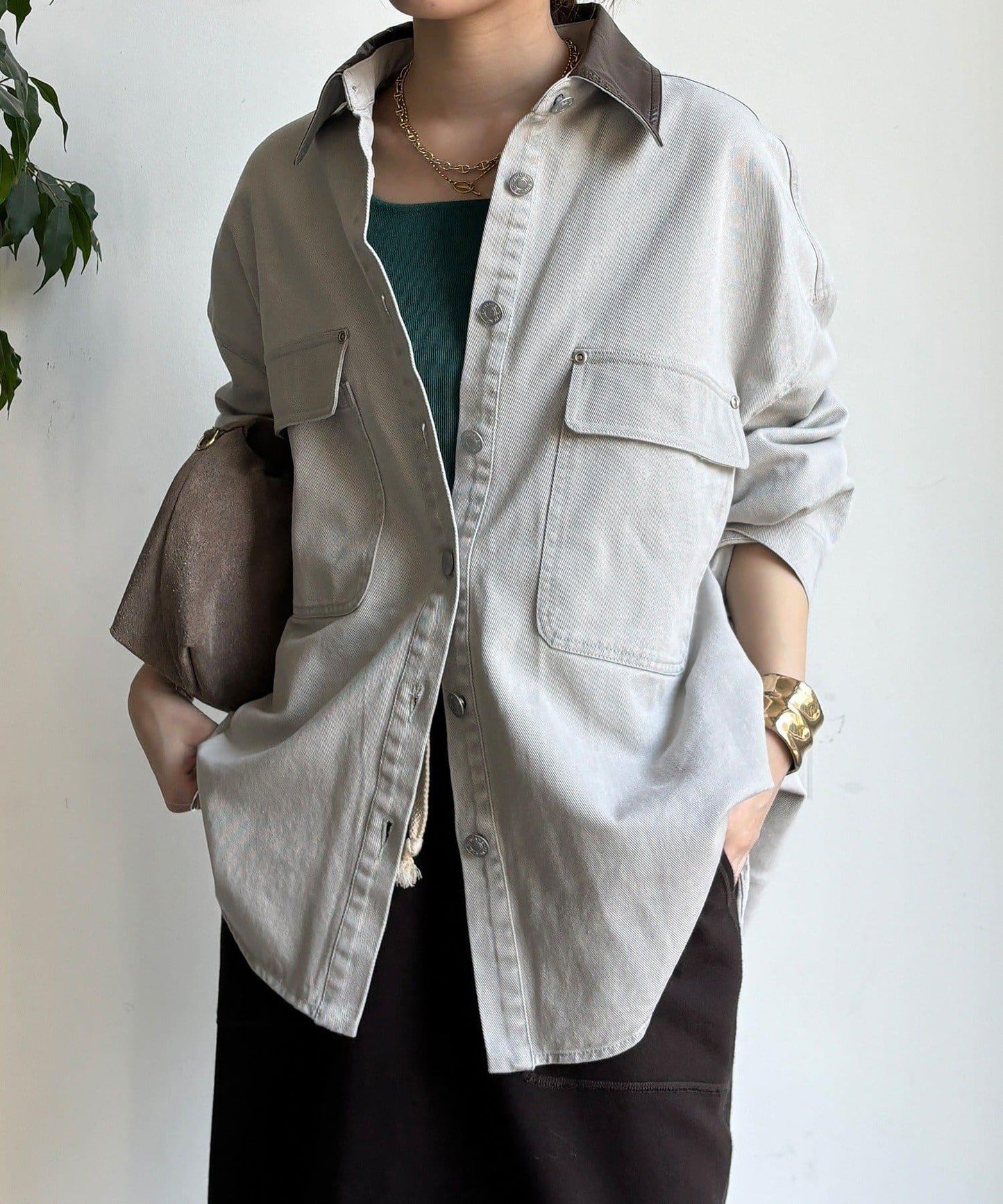 仿皮革翻領襯衫夾克