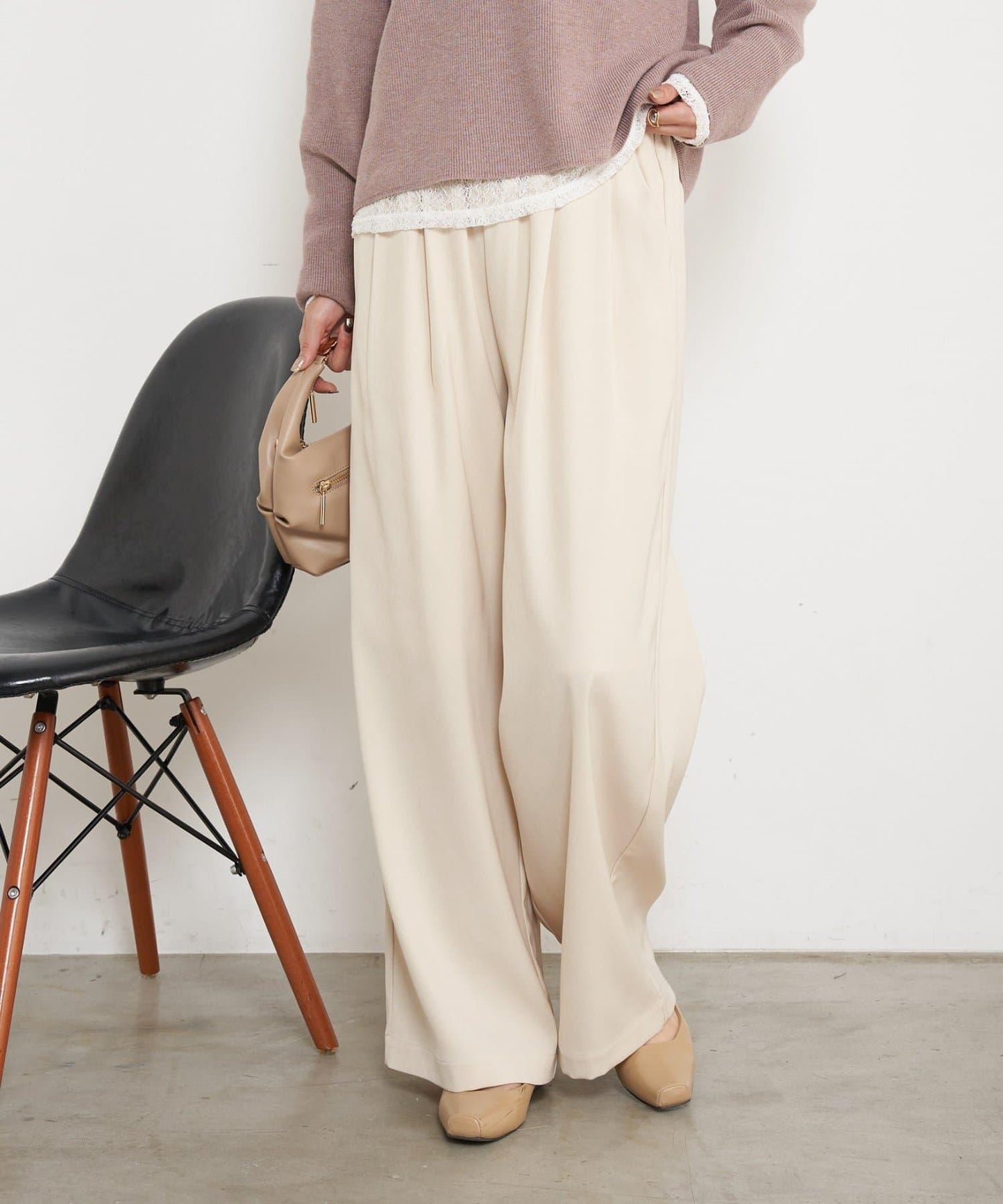 高腰抽褶寬腿褲