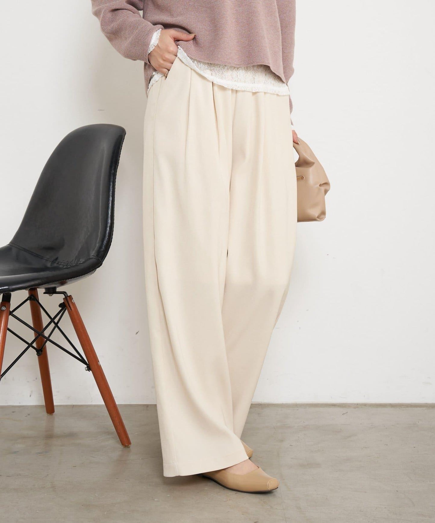 高腰抽褶寬腿褲