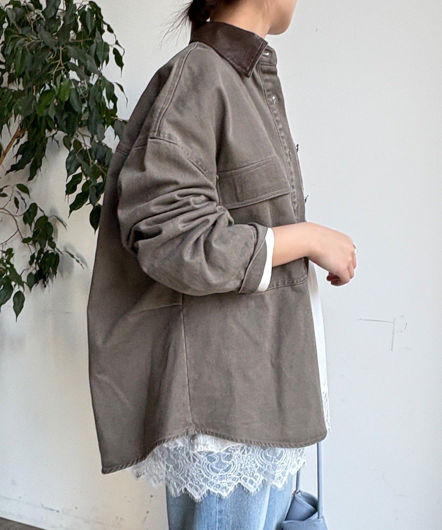 仿皮革翻領襯衫夾克