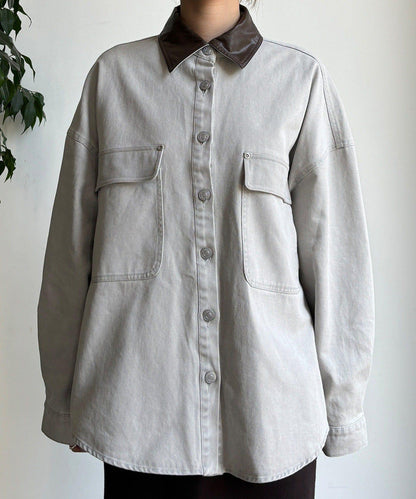 仿皮革翻領襯衫夾克