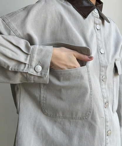 仿皮革翻領襯衫夾克