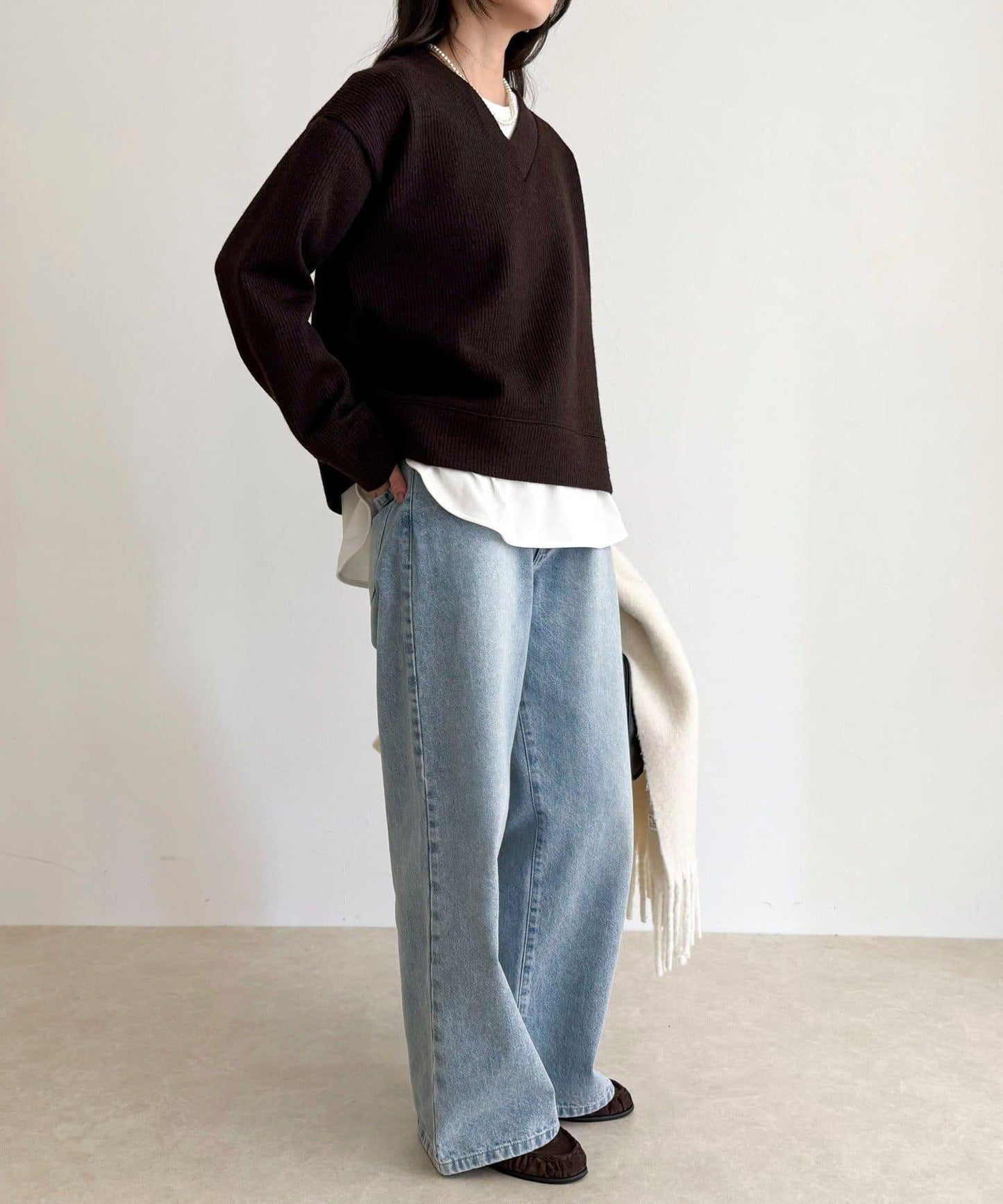 羅紋針織V領套頭衫