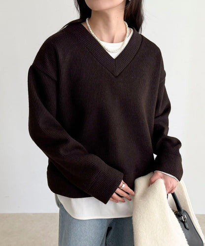 羅紋針織V領套頭衫