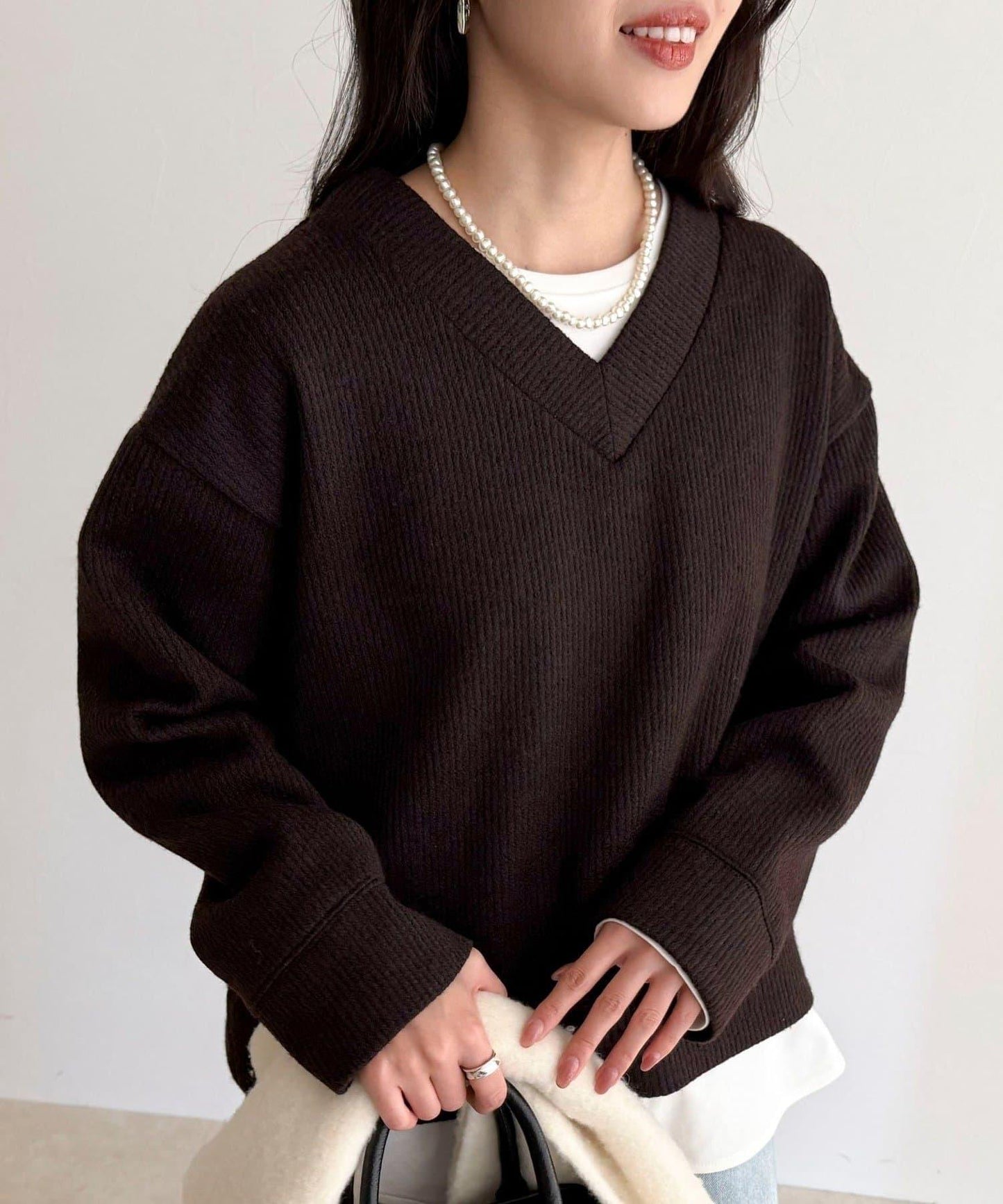 羅紋針織V領套頭衫