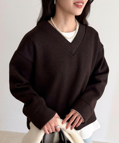 羅紋針織V領套頭衫