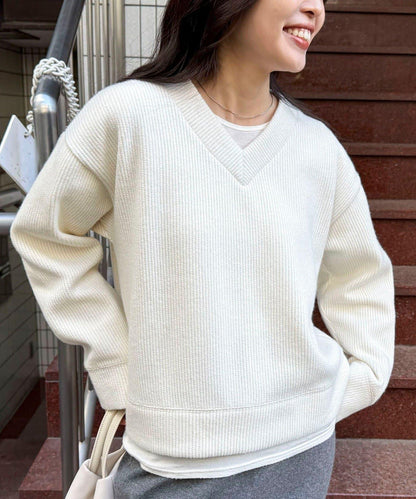 羅紋針織V領套頭衫