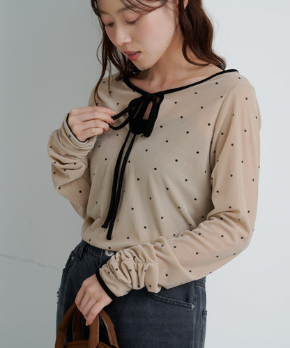 【前後兩穿】波點天鵝絨蝴蝶結套頭衫