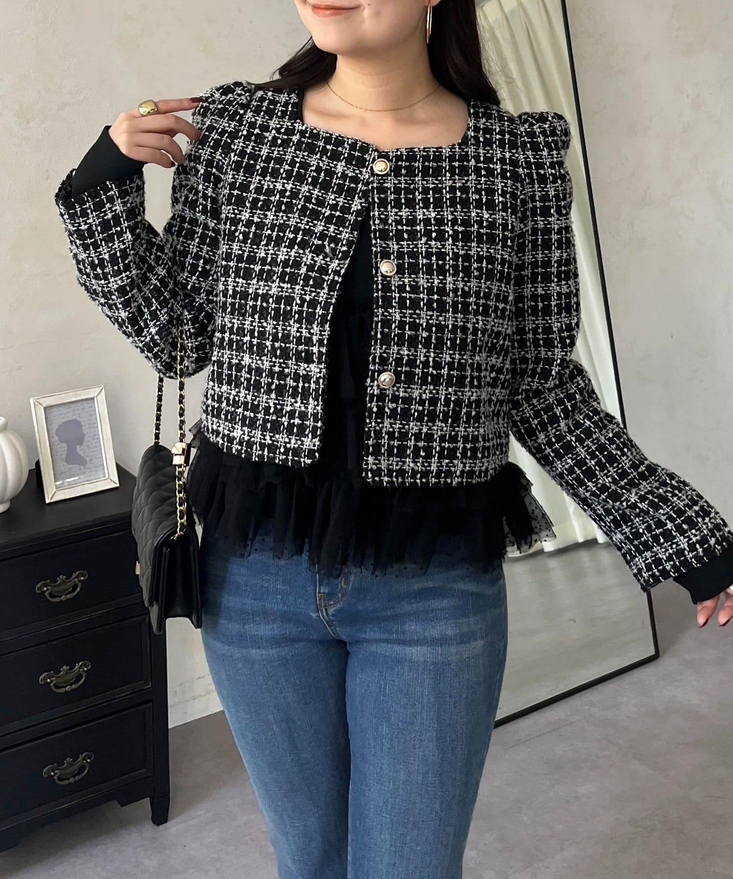 泡泡袖短款粗花呢夾克