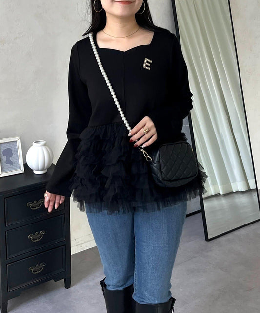 心形領口蓬鬆網紗荷葉邊上衣