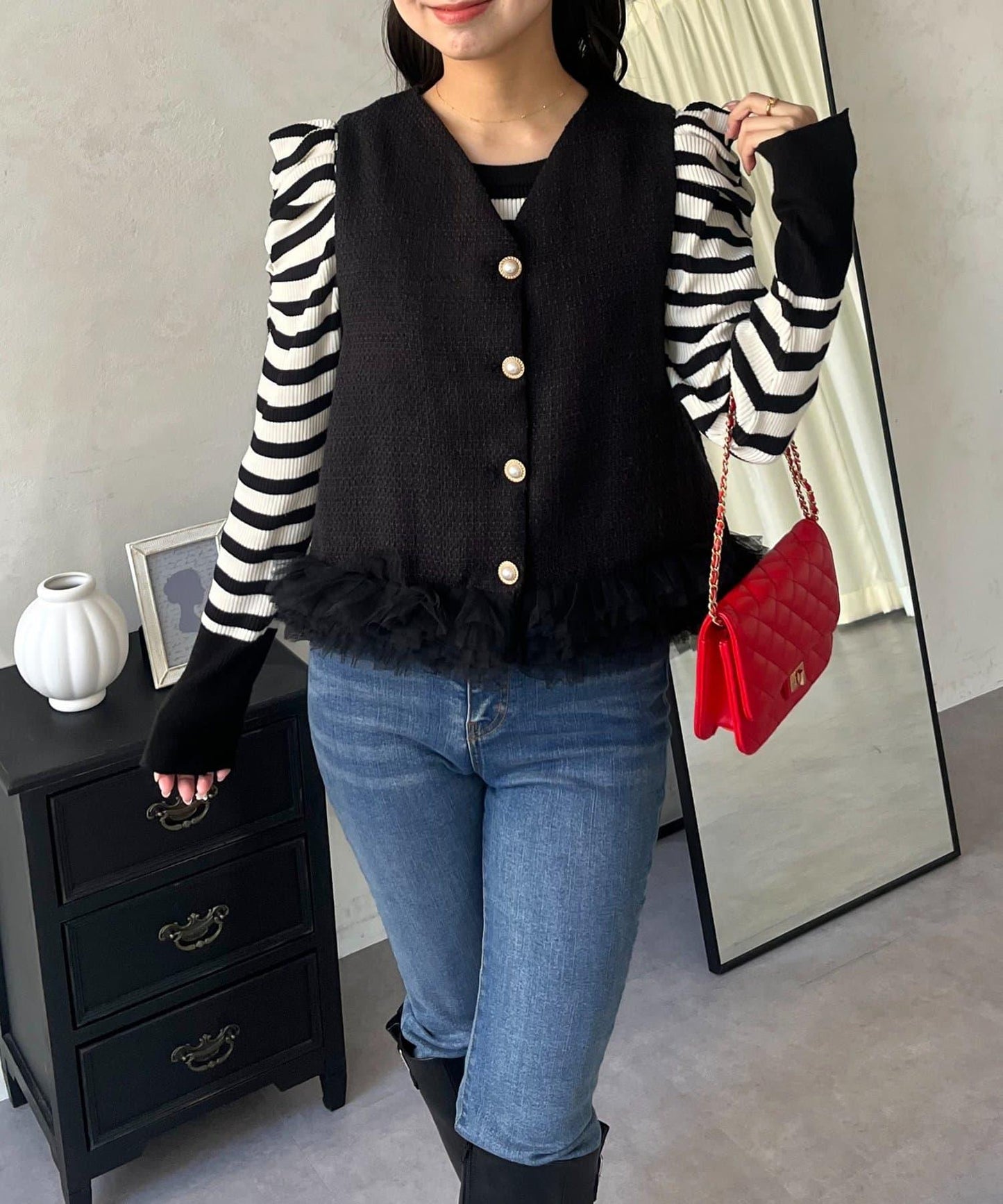 下襬蓬鬆網紗粗花呢馬甲