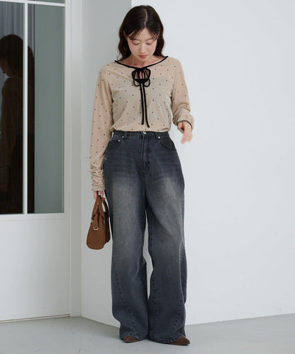 【前後兩穿】波點天鵝絨蝴蝶結套頭衫