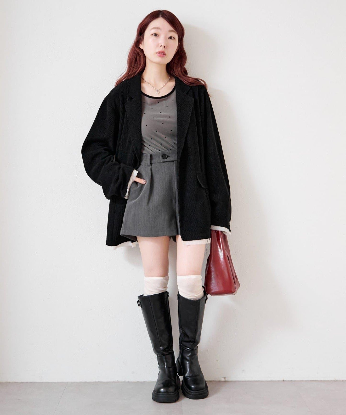 【前後兩穿】波點天鵝絨蝴蝶結套頭衫