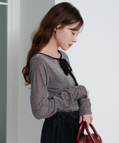 【前後兩穿】波點天鵝絨蝴蝶結套頭衫