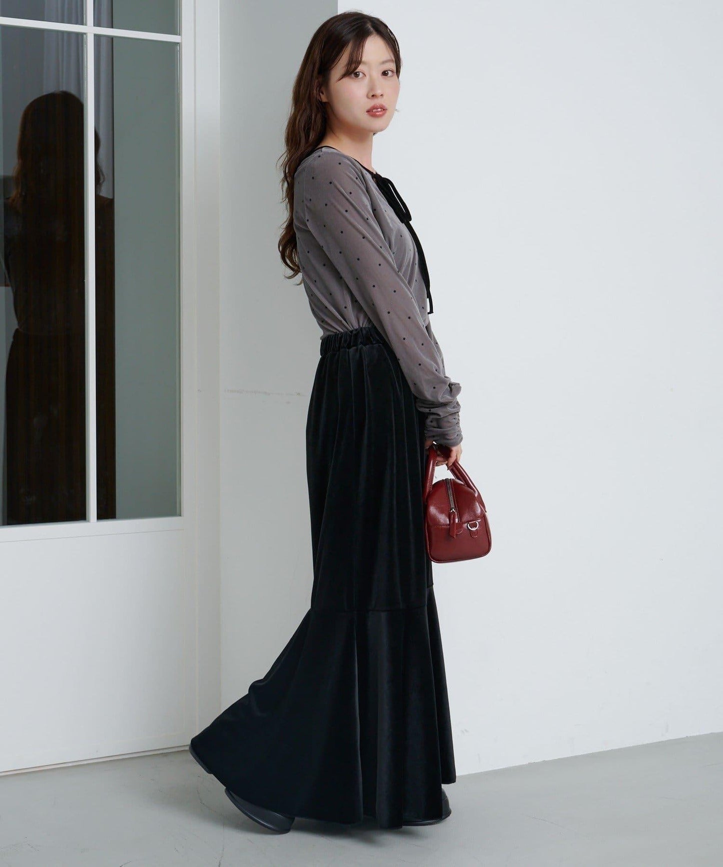 【前後兩穿】波點天鵝絨蝴蝶結套頭衫