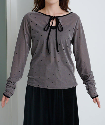 【前後兩穿】波點天鵝絨蝴蝶結套頭衫