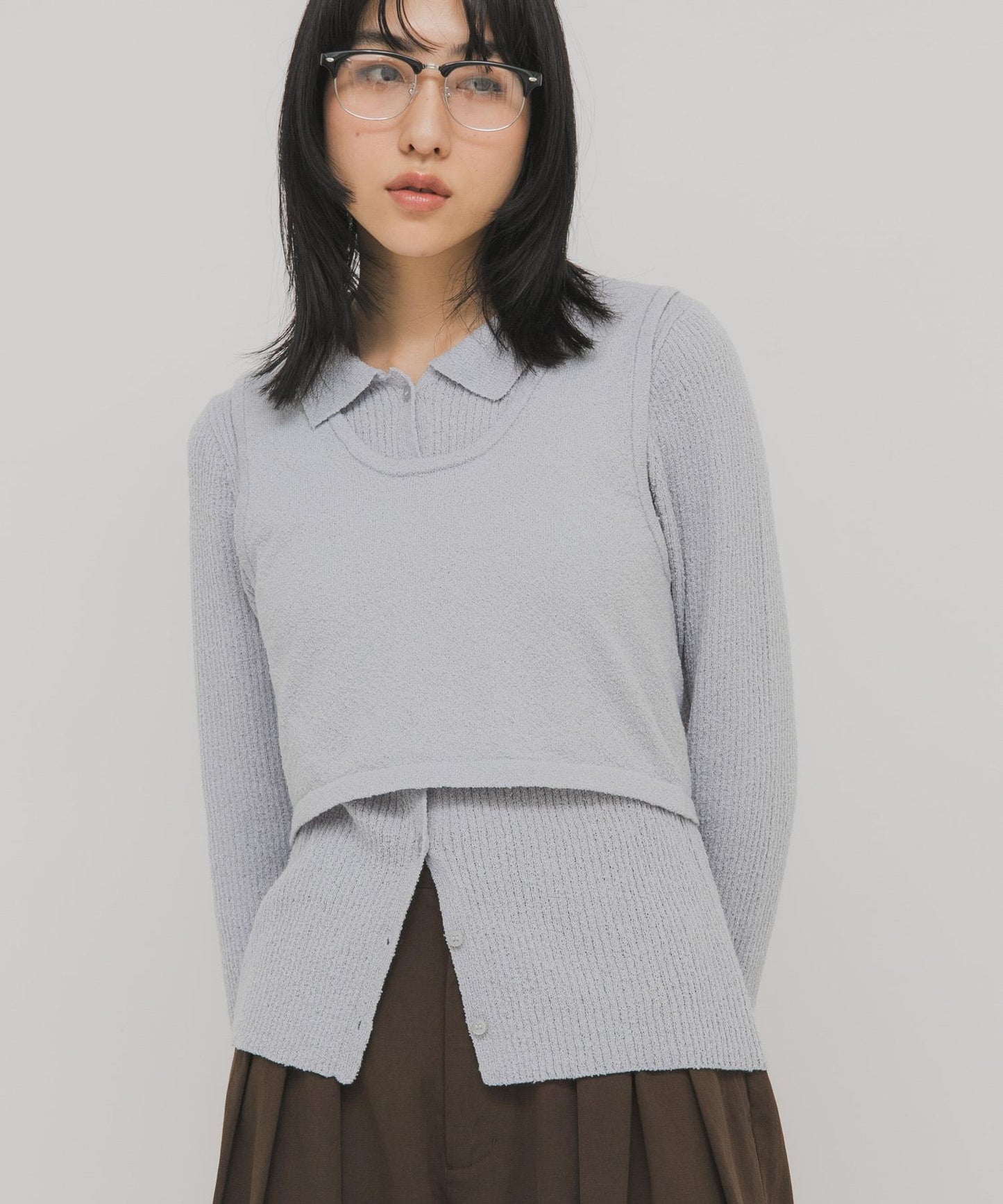 一部分色迷你圈圈紗疊穿針織襯衫