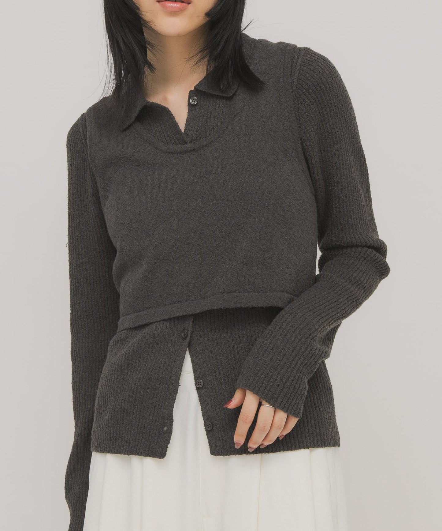 一部分色迷你圈圈紗疊穿針織襯衫