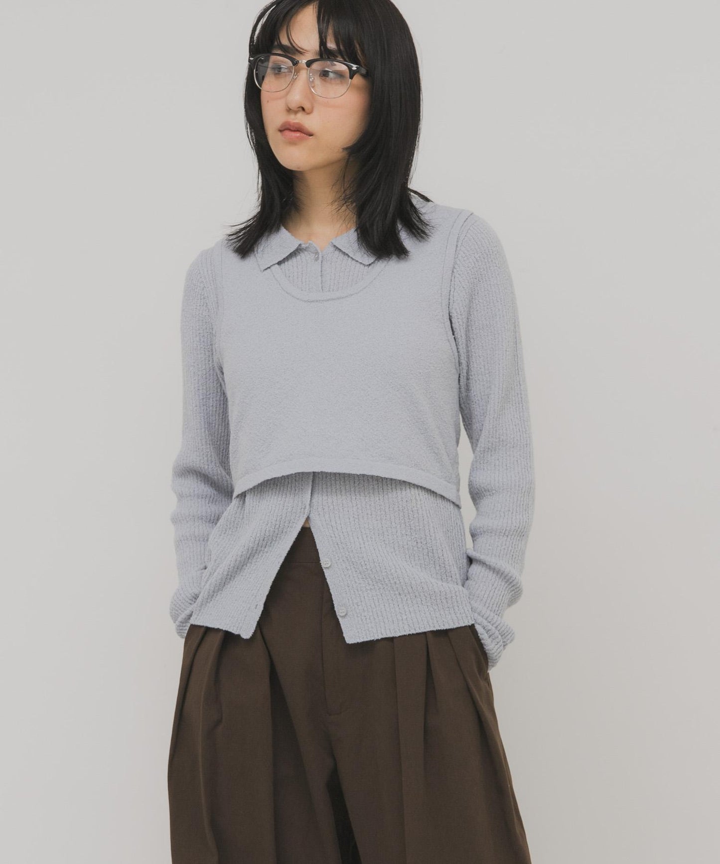 一部分色迷你圈圈紗疊穿針織襯衫