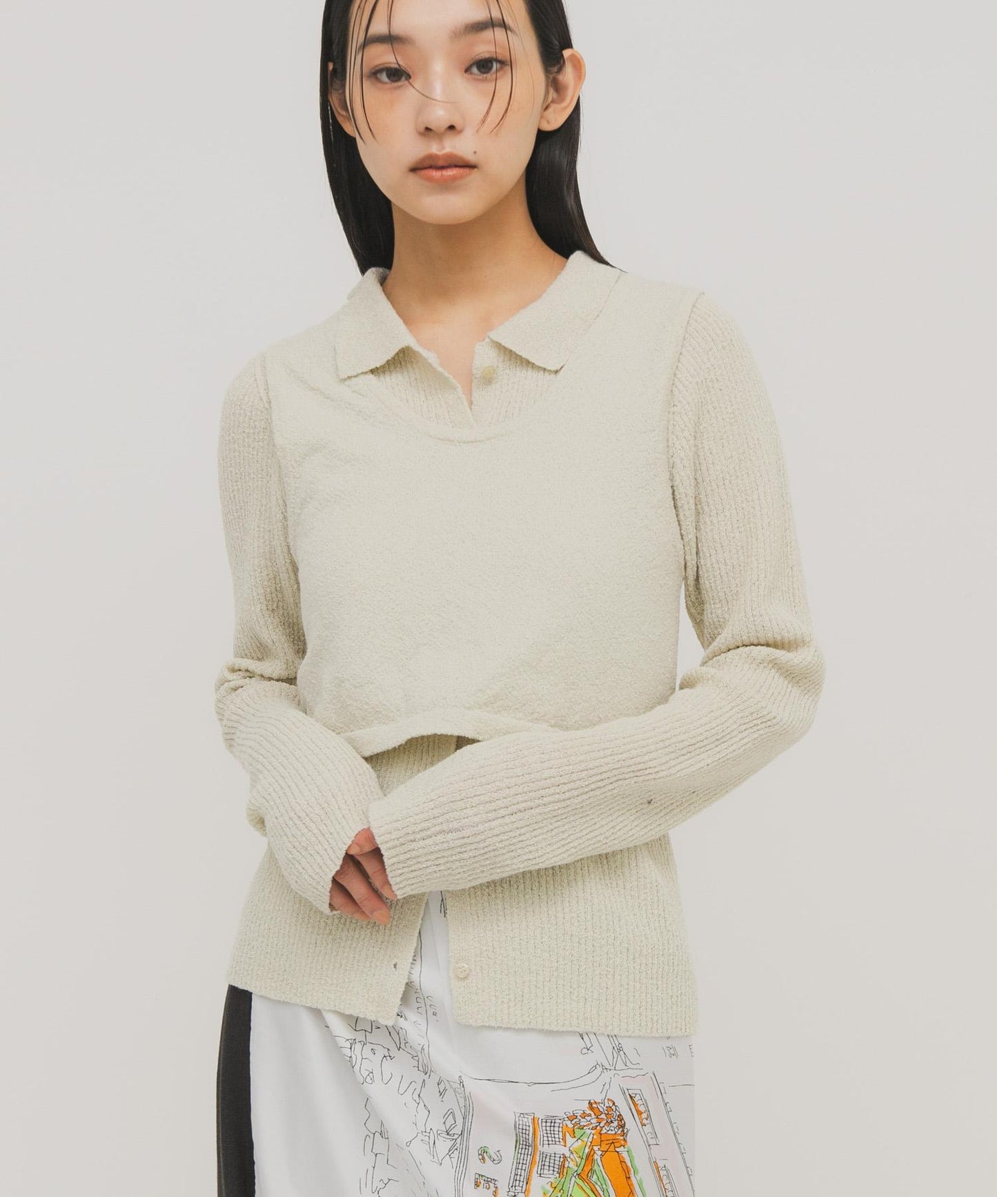 一部分色迷你圈圈紗疊穿針織襯衫