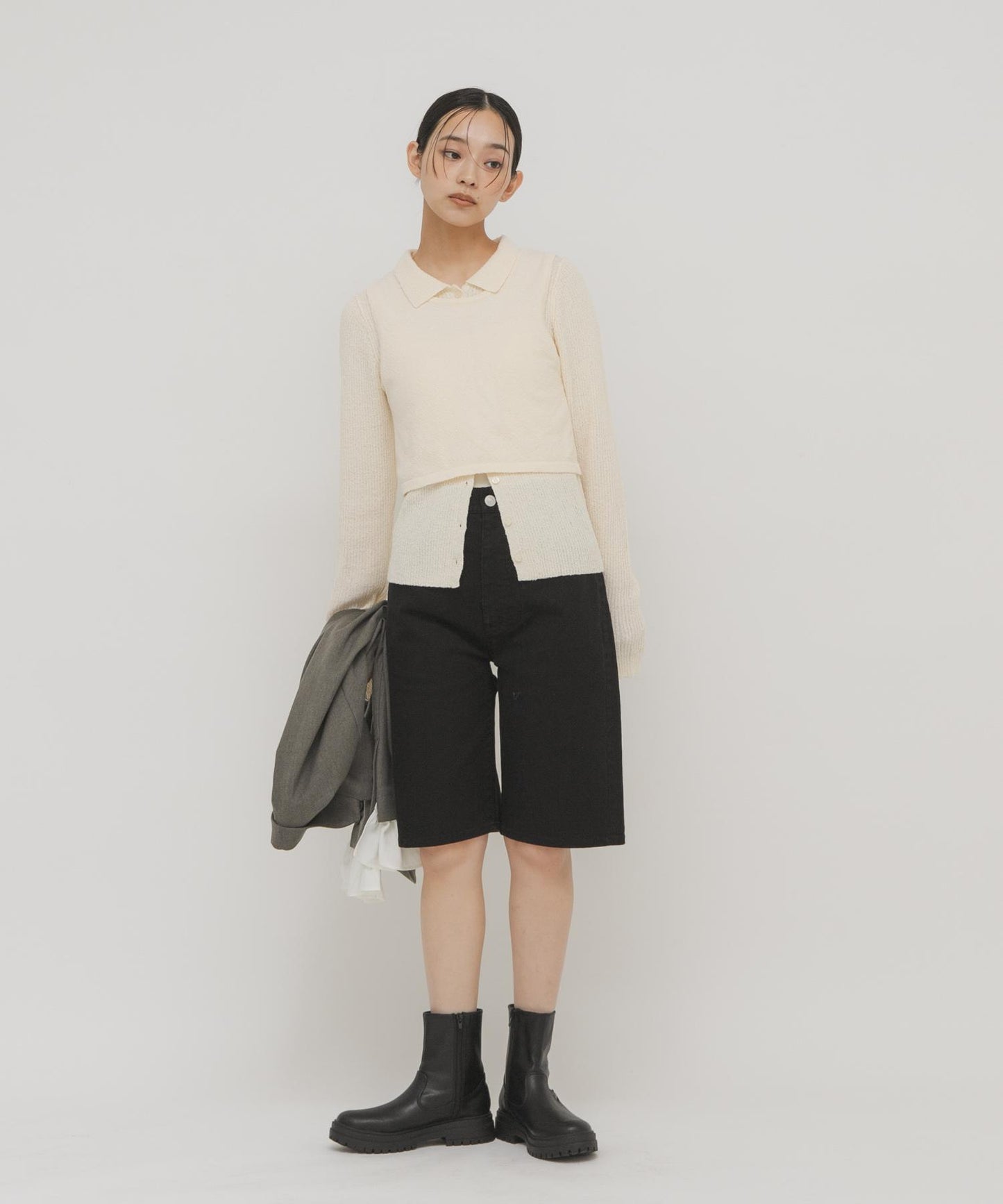 一部分色迷你圈圈紗疊穿針織襯衫