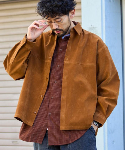 寬鬆版型仿皮絨襯衫夾克