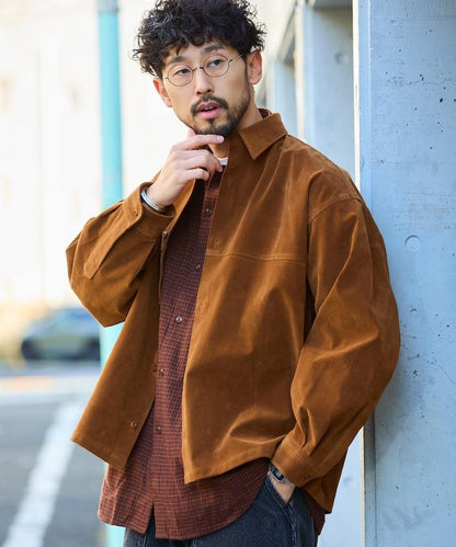 寬鬆版型仿皮絨襯衫夾克