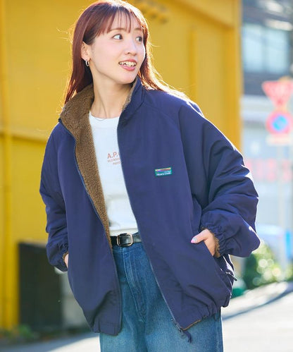 寬鬆版型尼龍抓絨可雙面穿立領夾克