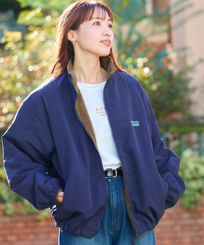 寬鬆版型尼龍抓絨可雙面穿立領夾克