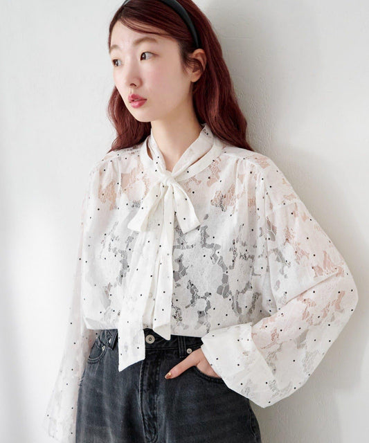 波點蕾絲蝴蝶結領襯衫