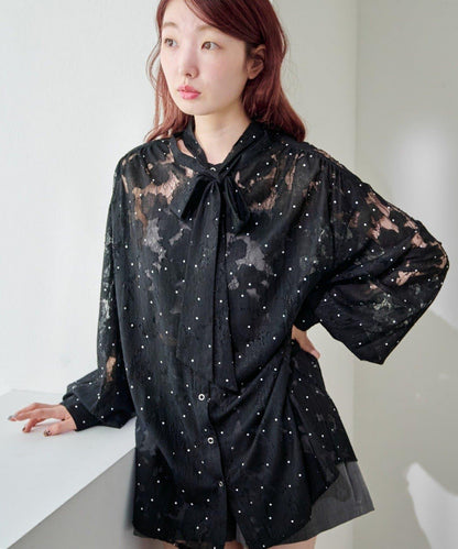 波點蕾絲蝴蝶結領襯衫