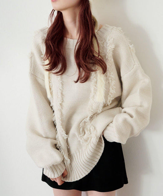 麻花流蘇V領針織衫