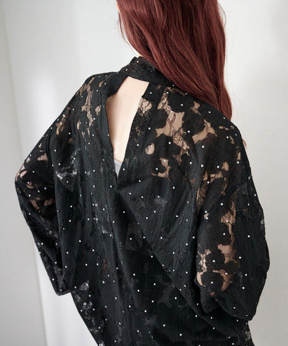 波點蕾絲蝴蝶結領襯衫