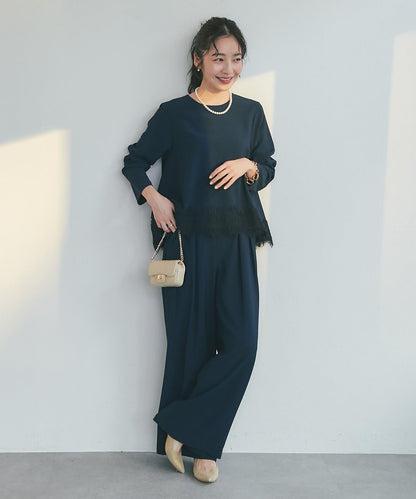 【RISA監修】下襬蕾絲襯衫+雙褶寬腿褲