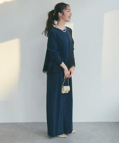 【RISA監修】下襬蕾絲襯衫+雙褶寬腿褲