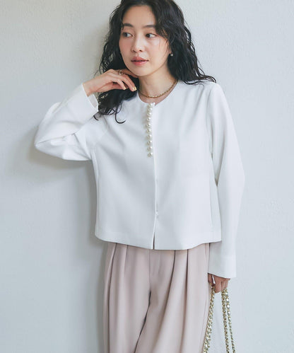 雙層交叉前襟珍珠裝飾夾克