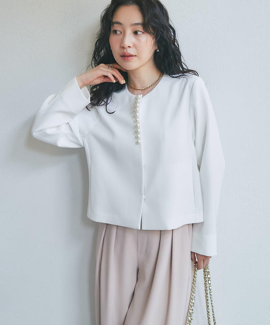 雙層面料 前襟珍珠裝飾 夾克外套