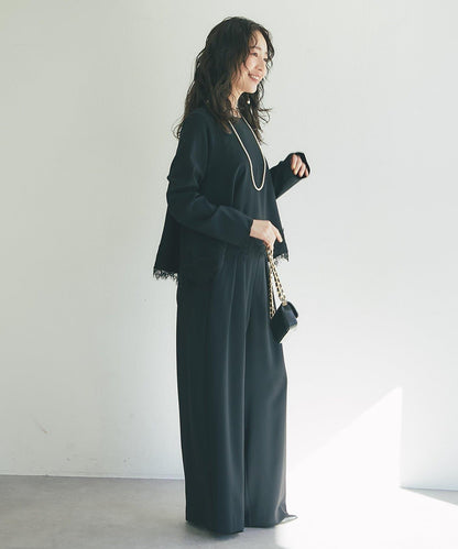 【RISA監修】下襬蕾絲襯衫+雙褶寬腿褲